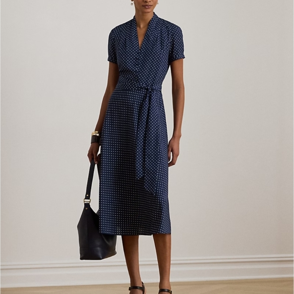Ralph Lauren Navy Polka Dot Midi Dress